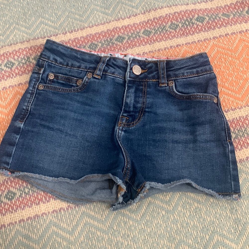 Mini Boden Girls Denim Shorts Size 9 Dark Blue Cutoff Jean Star Waistband Lining